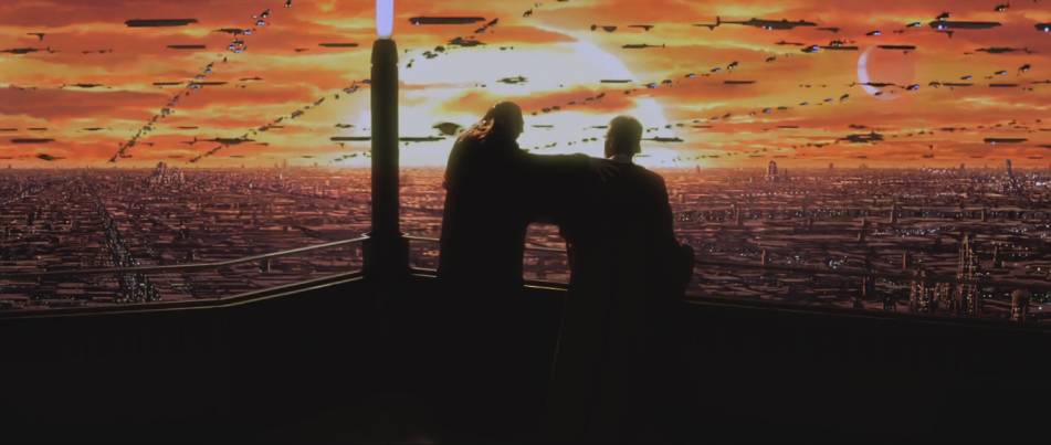 A beautiful sunset on Coruscant shared by the characters Qui-Gon Jinn and Obi-Wan Kenobi.