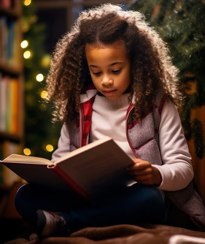 Girl reading a book in English